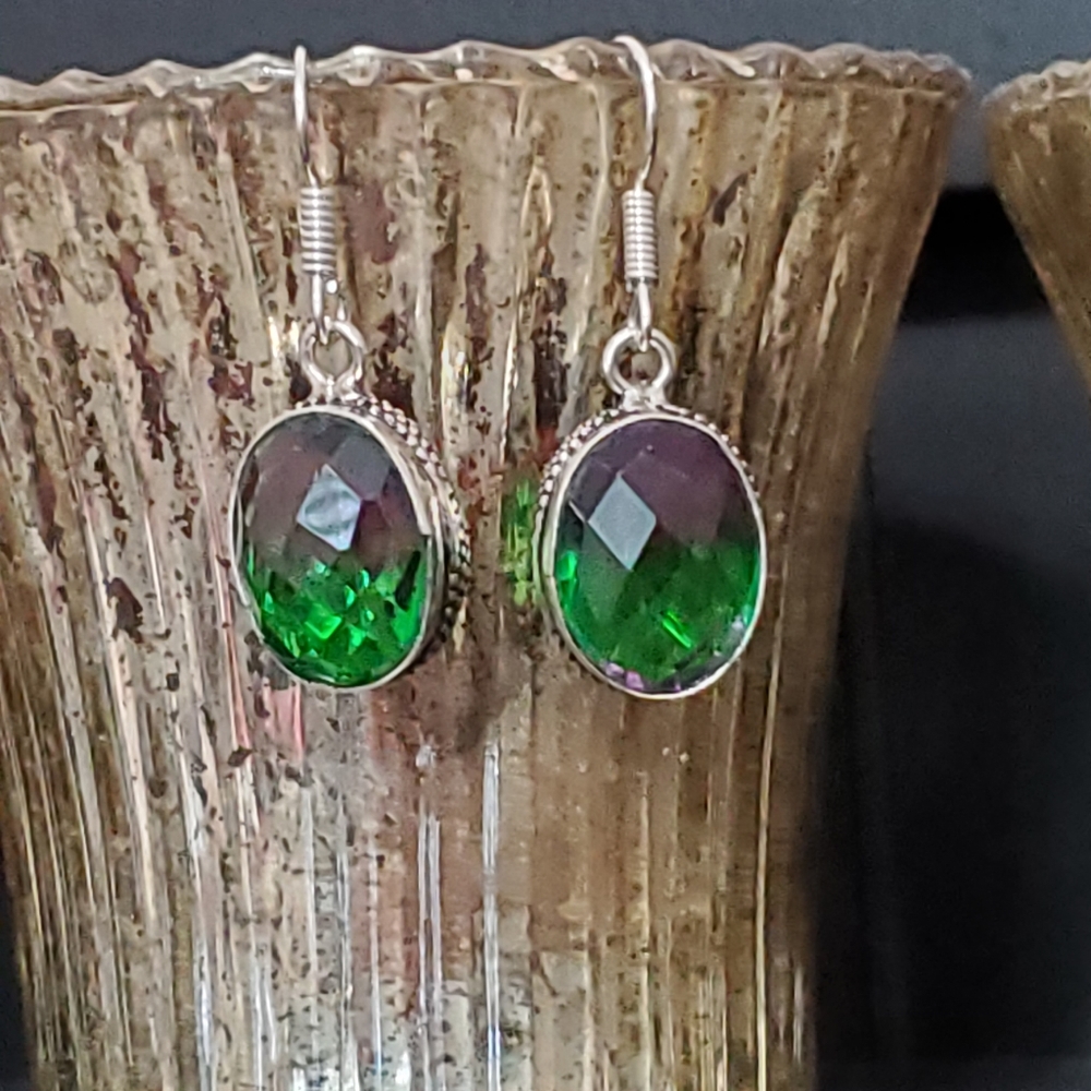 925 Sterling Bi-Color Purple Green Fluorite Earrings NWOT Artisan - Picture 7 of 14